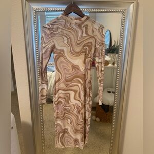 NWOT AFRM long sleeve mesh short dress bodycon marble retro pastel print w/slip